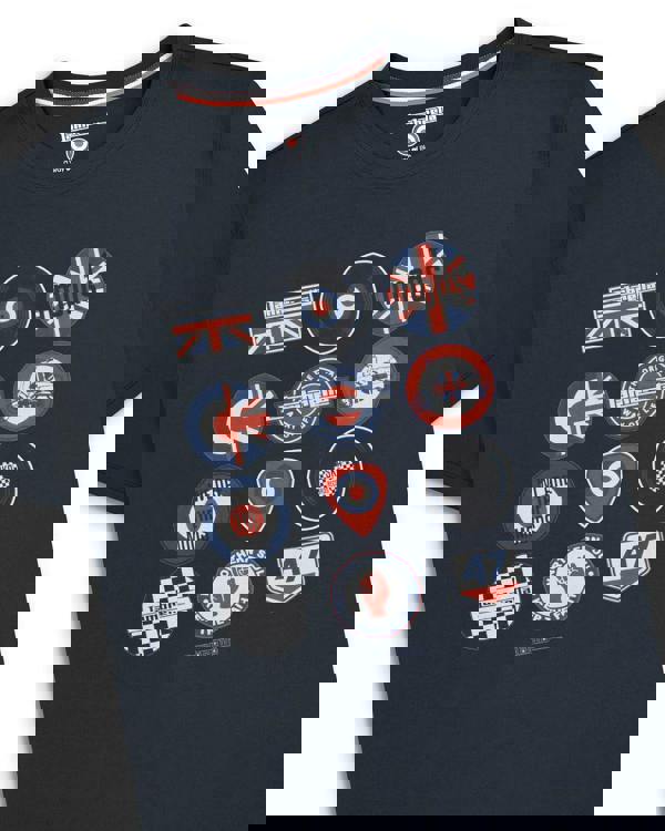 Lambretta Mens Multi Badges Mod Ska Casual T-Shirts, black T-shirt with multiple colorful badges and patches featuring British flags, mod symbols, and slogan graphics.