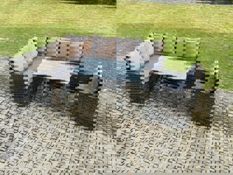 Fimous High Back Outdoor Garden Furniture Set Rattan Corner Sofa Dining Table Set With Armchair 7 Seater Dark Grey Mixed