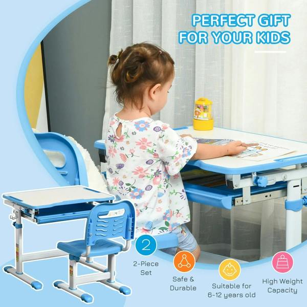 Child working at a blue kids adjustable desk and chair set with tilting desktop.