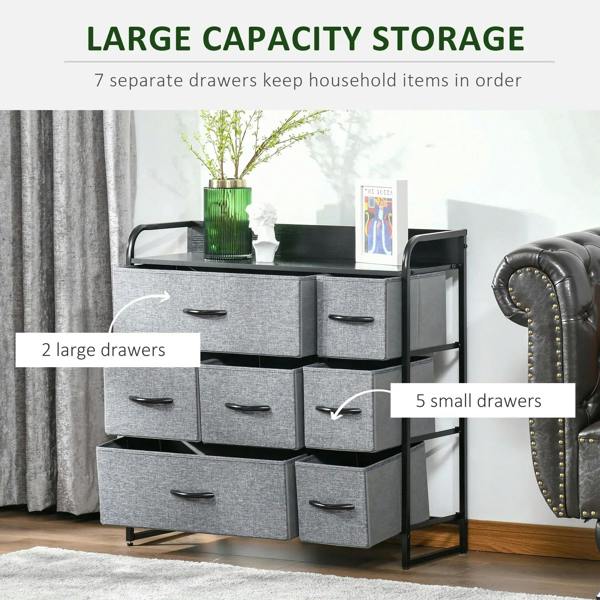 Grey fabric drawer dresser with 7 drawers in large and small compartments, black metal frame