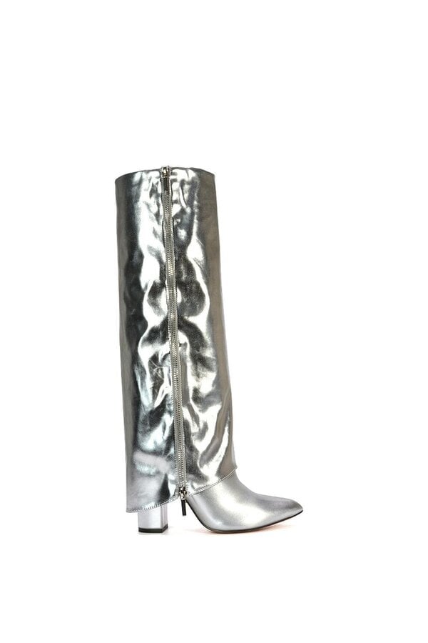 XY LONDON Knee High Boots Fold Over Point Toe Deco Zip - Silver