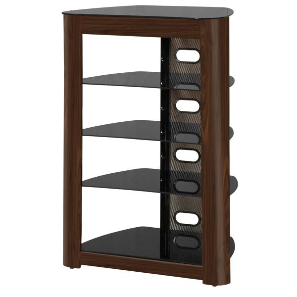 Homeology ZINNIA 5-Tier Walnut Fascia with Black Glass Shelves Entertainment Media Audio Rack