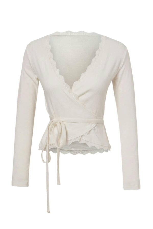 WOVCOR Fitted Wrap Neckline Long Sleeve Lace Detail Crop Blouse - Ecru