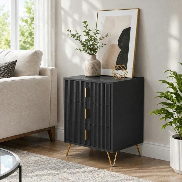 Modern 3-Drawer Dresser, Fluted Bedroom Dresser Chest of Drawers with Metal Legs and Steel Handles for Bedroom, Black