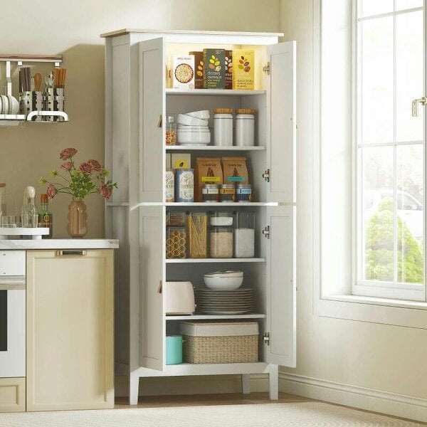 176.5 cm Tall Pantry Cupboard with Motion Sensor LED Light - White - White