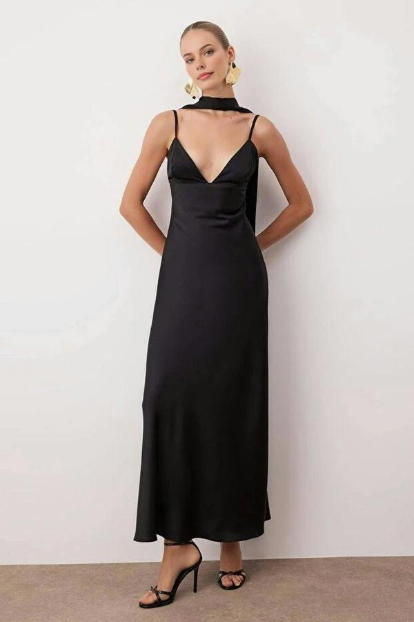 WOVCOR Scarf Detail Satin Maxi Dress with Strappy Design