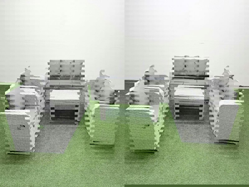 Fimous PE Rattan Garden Furniture Set Adjustable Chair Sofa Double Love Seat 2 Seater Sofa Lounge Set Rectangular Coffee Table Light Grey