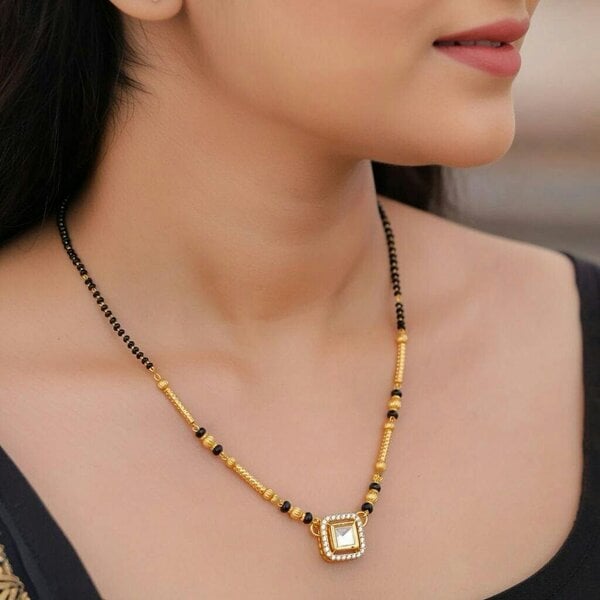 The Colourful Aura Square Solitaire Charm Black Beaded 18ct Gold Plated Mangalsutra Necklace