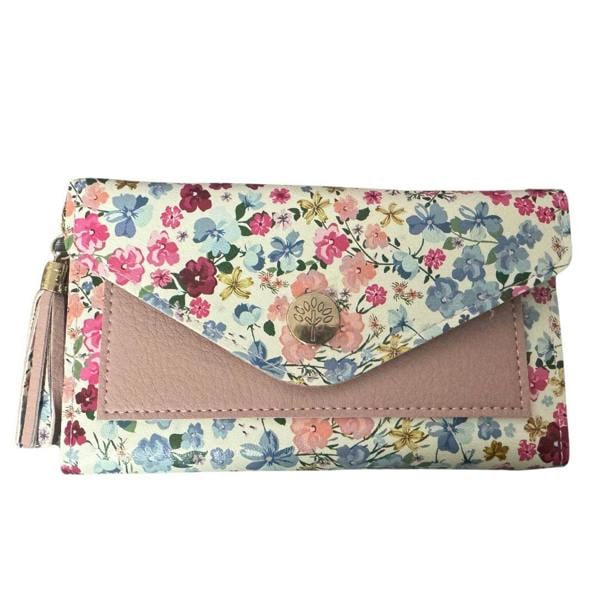 Fores Collection Floral Envelope Purse – Faux Leather with Tassel - Pink Floral