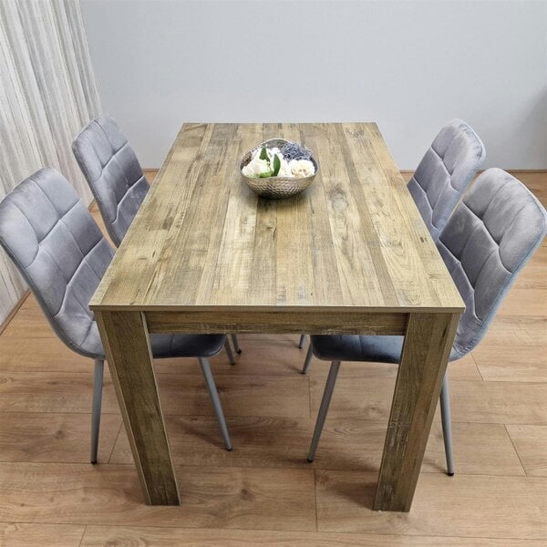 Kosy Koala Dining Table and 4 Chairs Rustic Effect Wood Table 4 Grey Velvet Chairs Dining Room