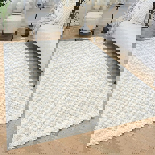 Moodi Shaggy Cream Rug, soft & fluffy pile, tartan design | THE RUGS