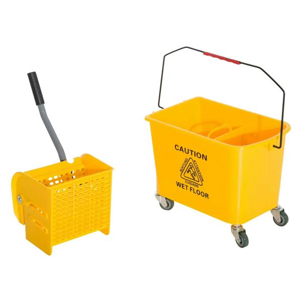 Yellow mop bucket set on wheels with removable perforated basket and caution wet floor label