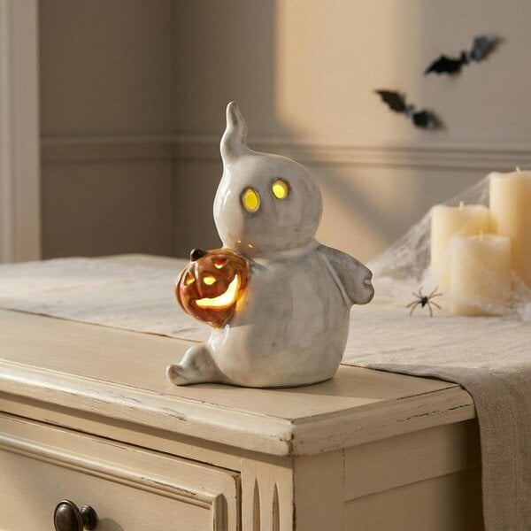 Garden Greatness Ceramic Light Up Pumpkin Ghost Ornament