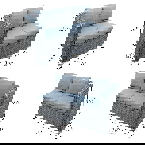 buxton rattan 9 seat rising firepit corner set in ocean grey with grey cushions