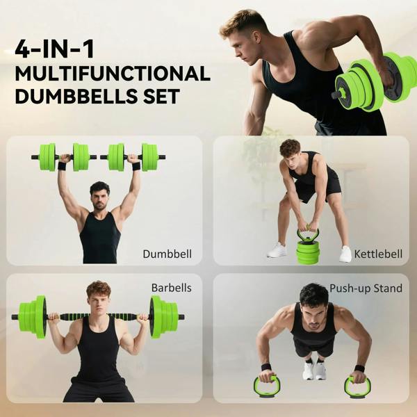 Green adjustable weight set in use: dumbbell bar, barbell, kettlebell, push-up stand