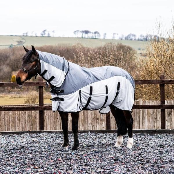 eQuitack 600D 2 in 1 Waterproof Fly Turnout Mesh Horse Rug Fixed Neck Grey/Silver 5'6''