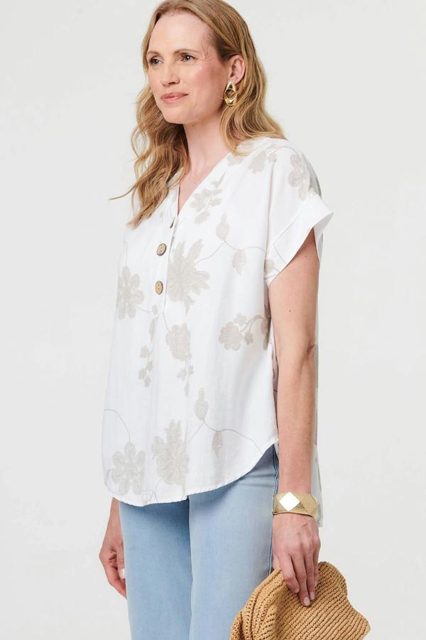 White | Floral Embroidered V-Neck Relaxed Blouse