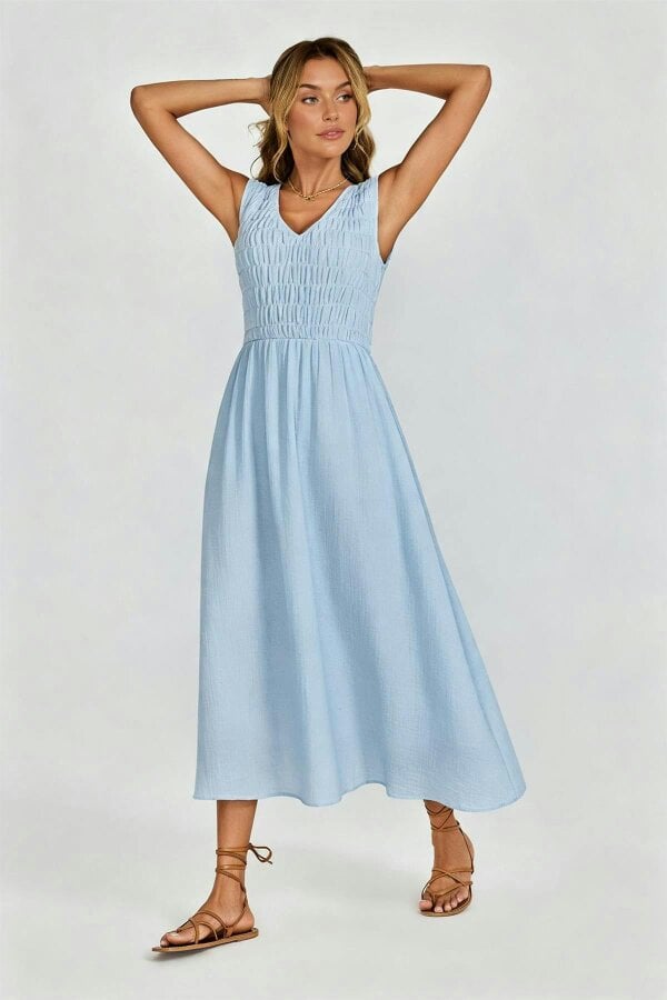 FS Collection Shirred Midi Dress with Sleeveless V-Neck In Light Blue