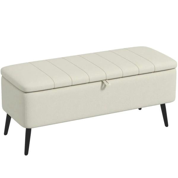 Cream linen-look storage ottoman, tufted lid, dark legs