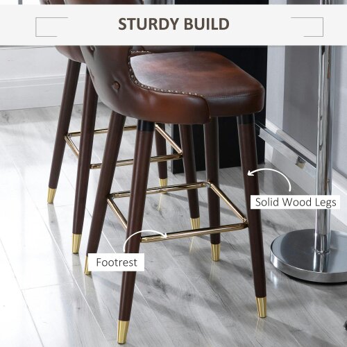 Wyld Haus Halotti Faux Leather Brown Bar Stools Set Of 2 With Back Support And Wooden Legs