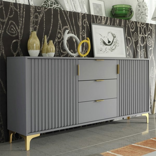 Mex Furniture Captivating Grey 140cm Sideboard with Ribbed Doors, 3 Drawers & Gold Accents