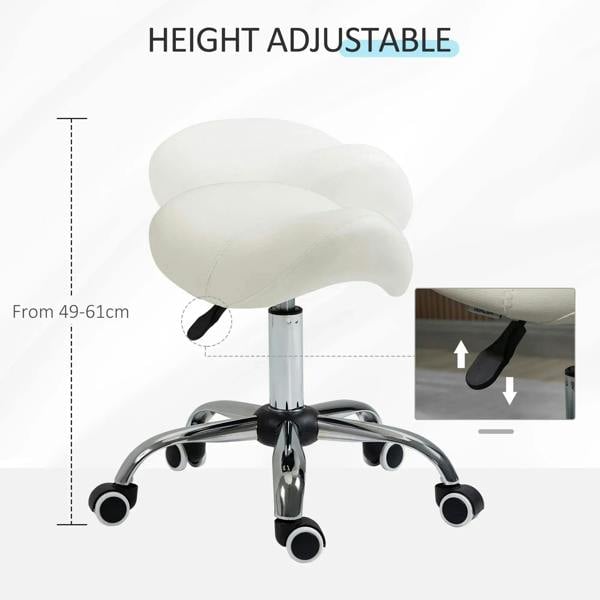 Height-adjustable cream saddle stool with hydraulic piston, chrome base, and casters