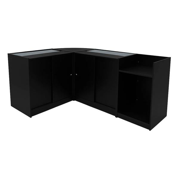 Black Gravity LED shop counter set featuring sleek design, glass display tops, and ample storage space in a modern corner layout