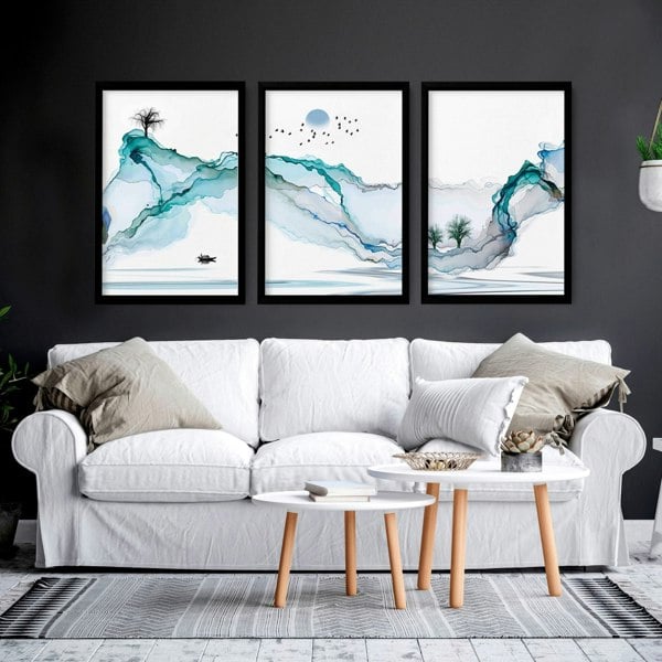 Art print set of 3 | Japanese Teal wall art for living room