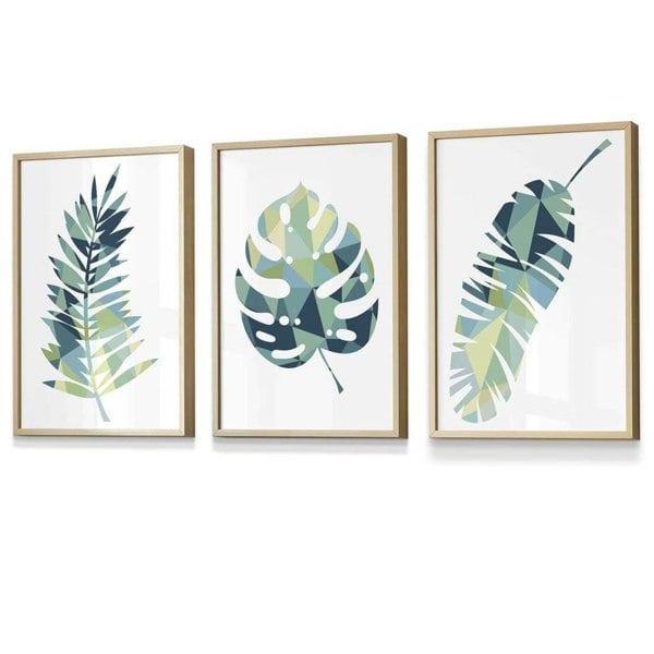 Framed Set of 3 Teal Blue Tropical Leaf Prints | Artze Wall Art UK