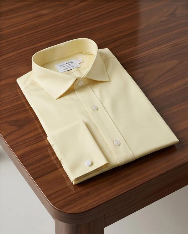 Folded light yellow dress shirt on a wooden surface with 'KAMU' label.