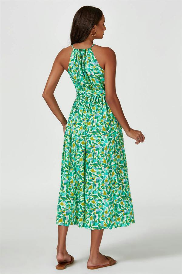 FS Collection Abstract Print Tie Halterneck Maxi Dress In Green