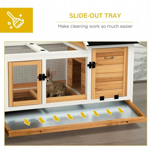 Rabbit hutch with pull-out tray at bottom and wire enclosures with locked doors