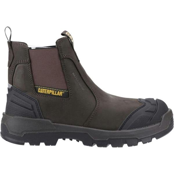 Caterpillar Striver XL Mens Pull On Waterproof S7 Safety Dealer Boots, image of a rugged waterproof work boot with slip-on design, durable leather exterior, and slip-resistant sole for safety and comfort.