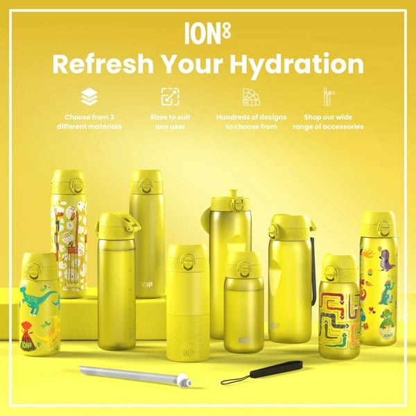 Several yellow water bottles, of varying sizes and designs, are displayed on a yellow background. ION8 branding is visible. Accompanying text advertises material choices, size options, design variety, and available accessories.