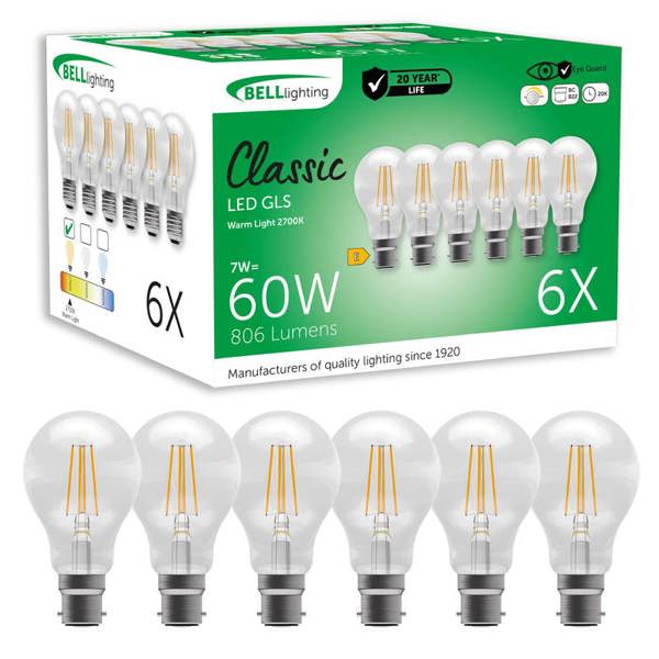 BELL Lighting B22 Bayonet Dimmable LED Filament GLS 7W Light Bulbs