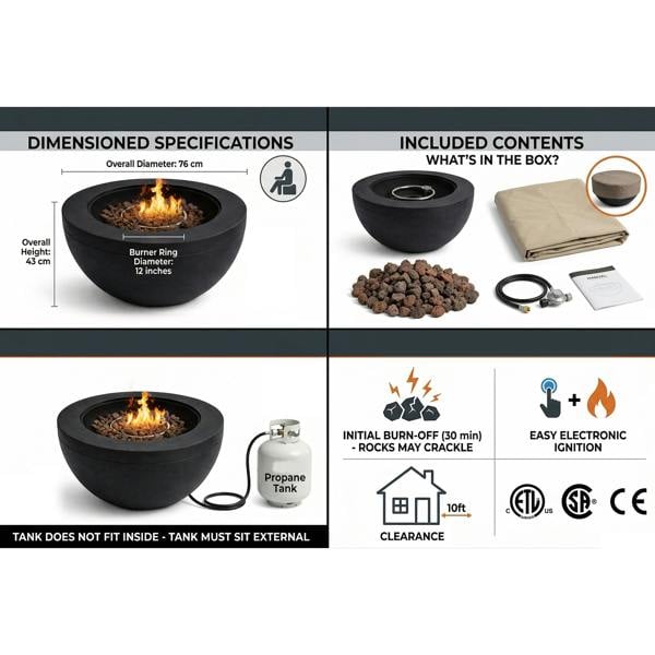 MDA Designs TABITI Black Gas Fire Pit for Garden & Patio - Luxurious Eco-Stone Finish Outdoor Heater Fire Pit