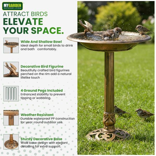 My Garden Outdoor Living My Garden Bird Bath with Ground Pegs Freestanding Bronze Effect Birds Bath for Garden & Patio Use with Wide Shallow Bowl