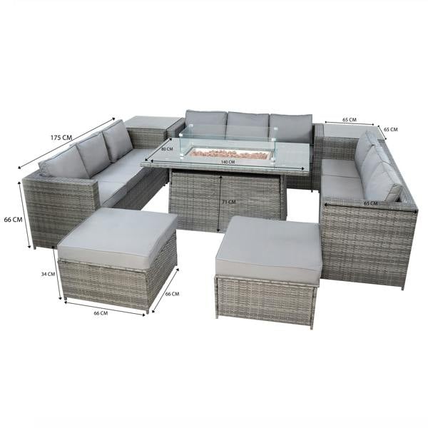 Jardi 11 Seater Rattan Furniture Set With Firepit – Grey