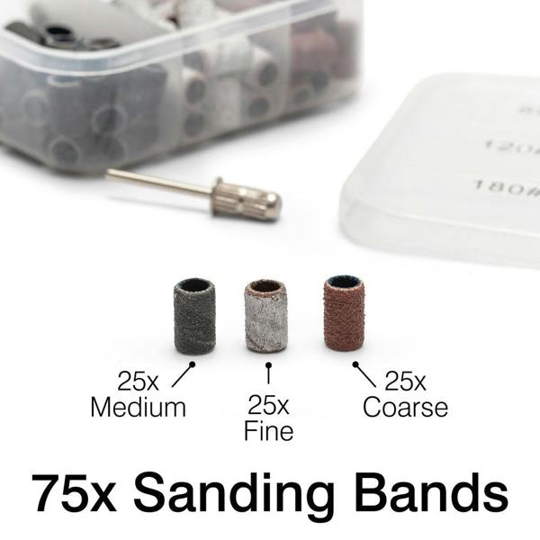 A close-up of 75x Rio Salon Pro Electric Nail File & Drill sanding bands (25x Medium, 25x Fine, 25x Coarse), metal mandrel, and storage box—ideal for DIY manicure enthusiasts seeking salon-quality results.
