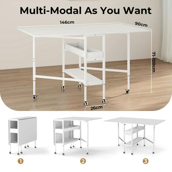 Levede Folding Sewing Table Large 84–102 cm Adjustable Lockable Casters Steel