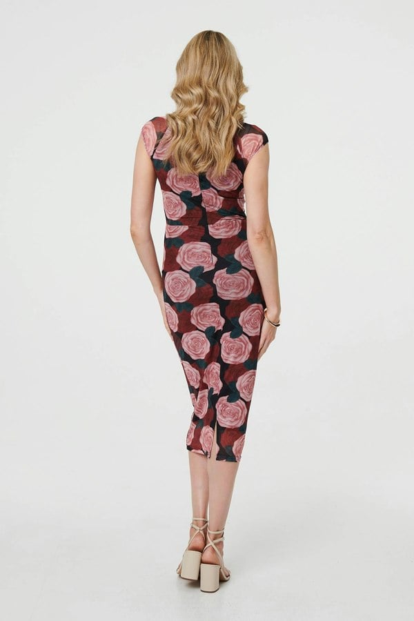 Pink | Floral Semi Sheer Cap Sleeve Midi Dress
