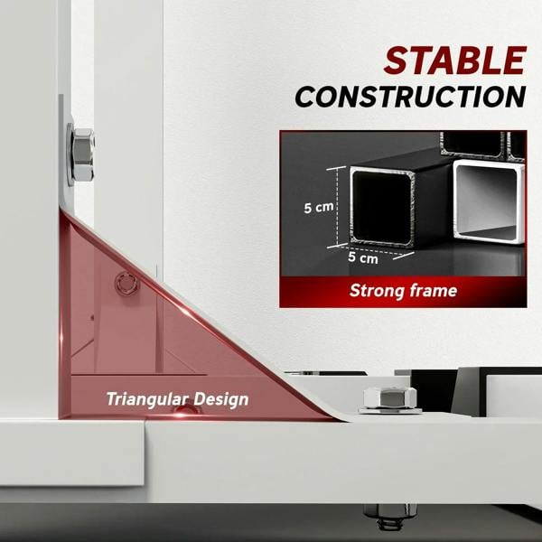 Triangular reinforced frame corner for a stable black barbell rack construction