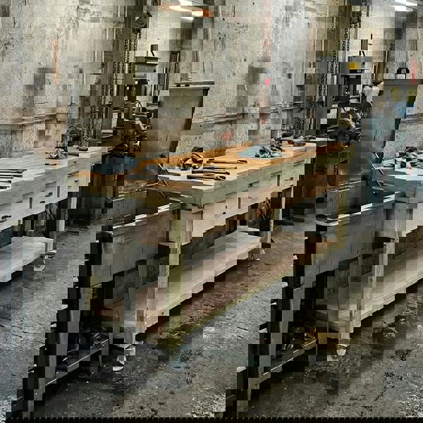 Wooden eucalyptus Top Workbench – Mobile Tool Cabinet with Drawers and Wheels, Ideal for Dry Indoor Spaces Such as Garages, Workshops, and Studios.