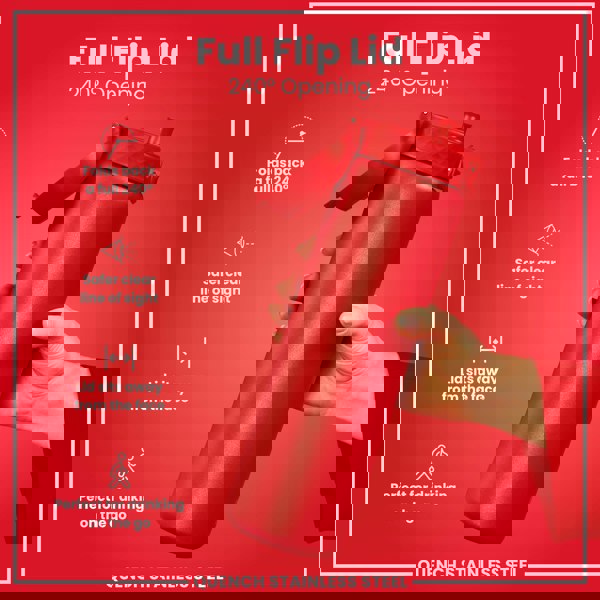 A red stainless steel water bottle is held; its full flip lid opens 240 degrees. The background is red; text highlights the lid's features and ease of use. "Full Flip Lid 240° Opening," "QUENCH STAINLESS STEEL" are also visible.
