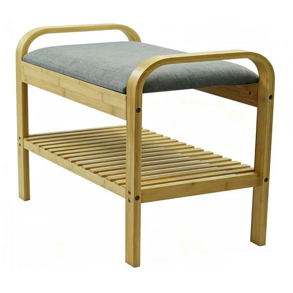 Gr8 Home Bamboo Shoe Rack Bench with Cushion Seat 2 Tier Hallway Storage Shelf