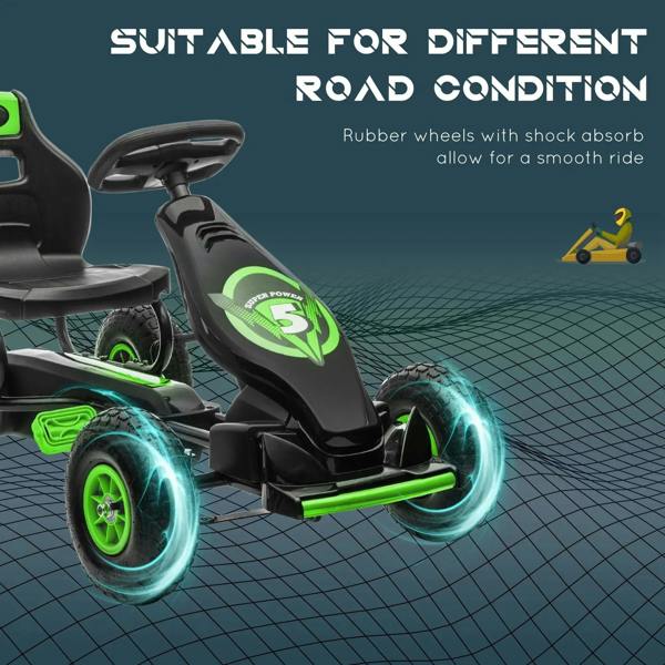 Kids pedal go-kart with rubber wheels and shock-absorbing design, green accents on black.