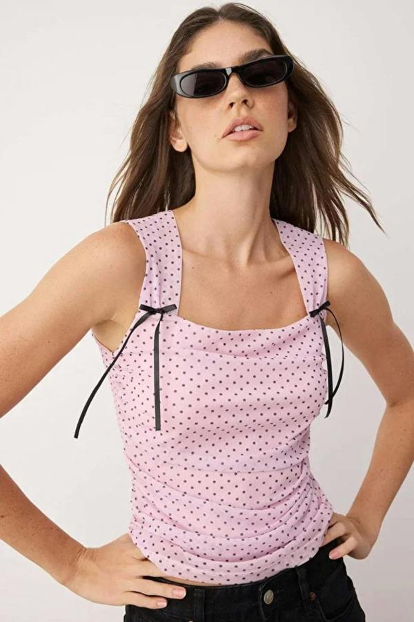 Hoxton Gal Square Neck Mesh Lined Fitted Crop Top with Bow Detail