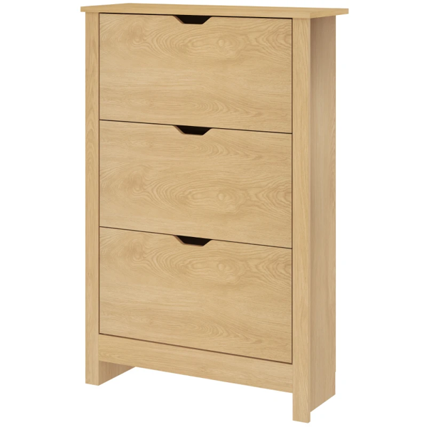 Slim Shoe Cabinet, Narrow Shoe Cupboard with 3 Drawers, Adjustable Shelves for 18 Pairs of Shoes, Natural Wood Finish