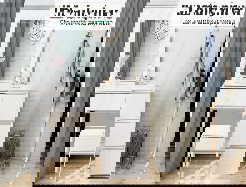 Levede Vanity Makeup Dressing Table White with Led  Light Mirror Drawer PU Stool