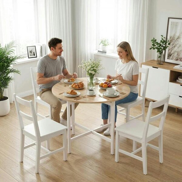 Folding Dining Table, Drop Leaf Extendable Kitchen Table for Small Spaces, Steel Frame, Natural Wood Finish - Natural wood finish